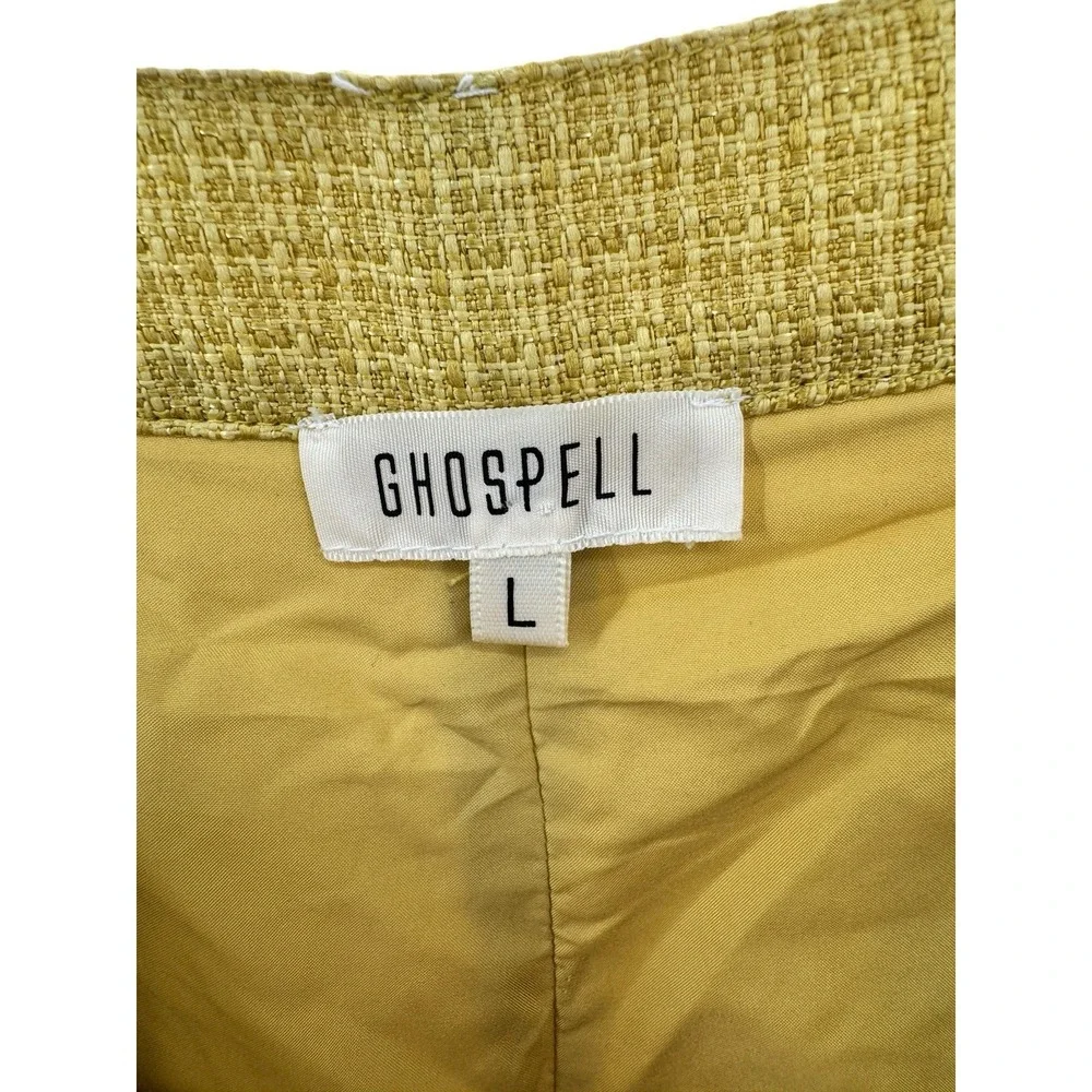 Ghospell Women's Yellow Textured Raw Seam Fringe Trousers Pants L Retro Wide Leg